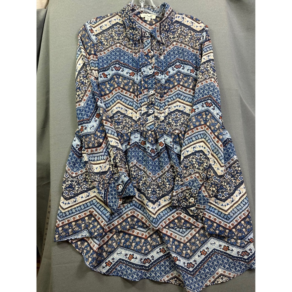 Simply Noelle Womens Blue Boho Floral Chevron High Low Babydoll Tunic Top S/M